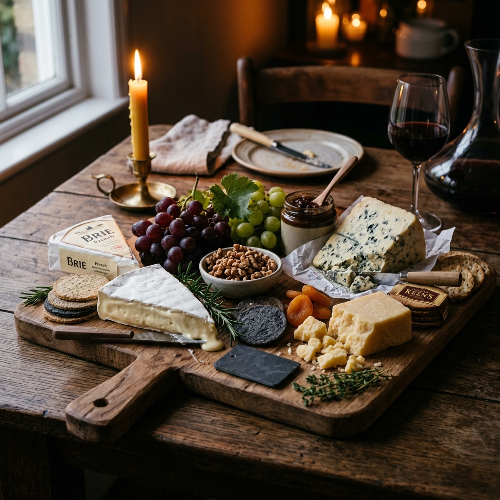 Cheese and crackers arranged on a wooden serving board