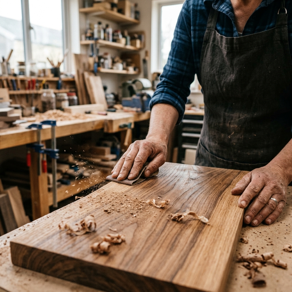 Craftsman finishing a handmade wooden chopping board in a workshop