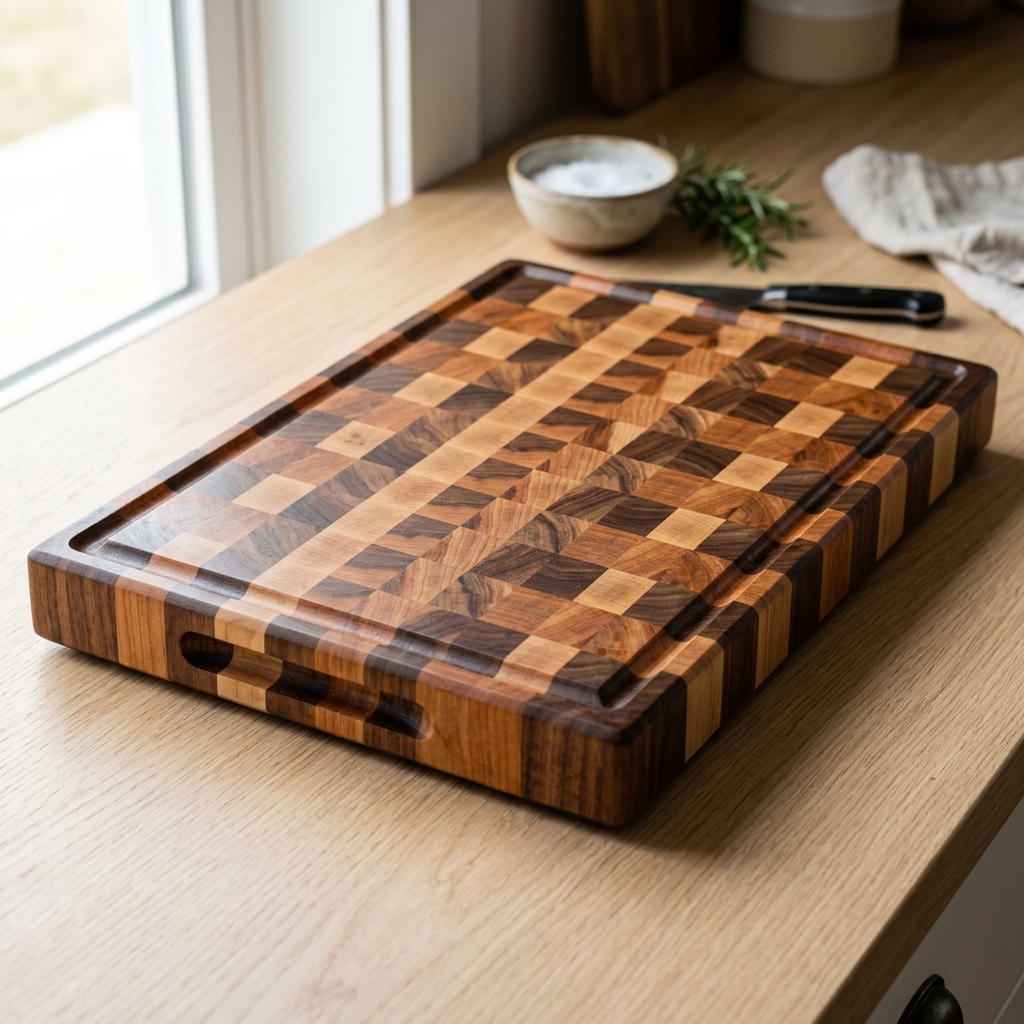 End grain chopping board with checkerboard wood pattern