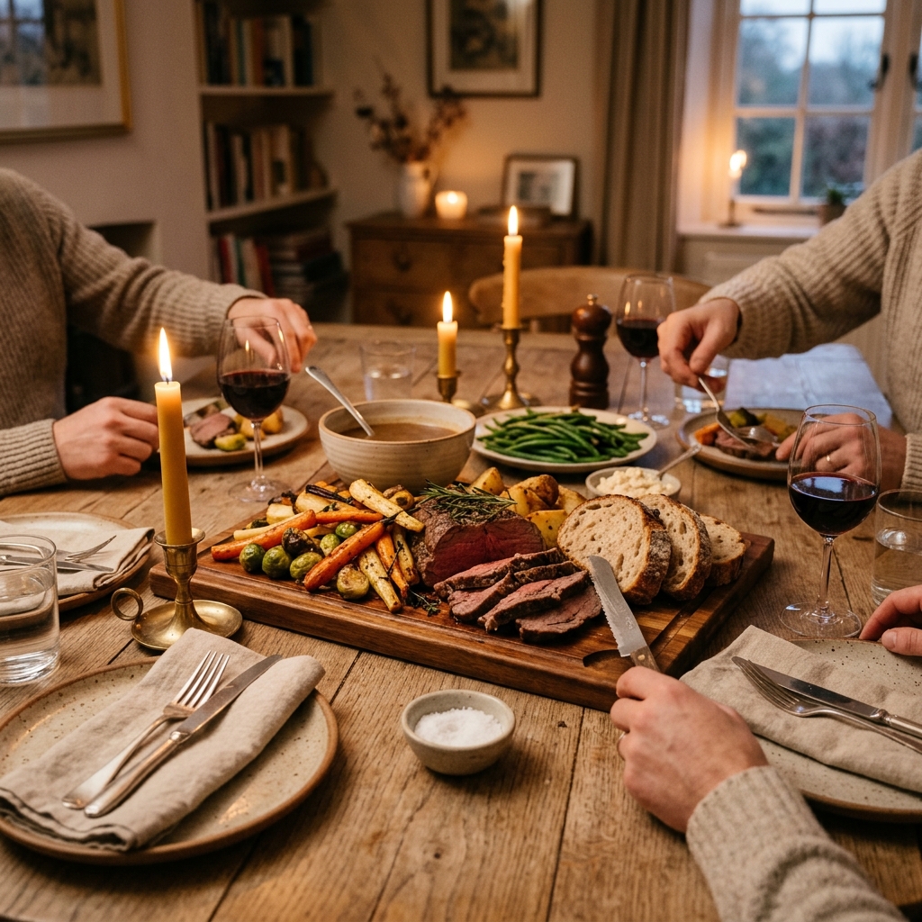 Family dinner with food served on a large wooden board