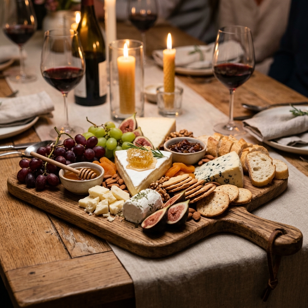 Wooden serving board with cheese and charcuterie arrangement